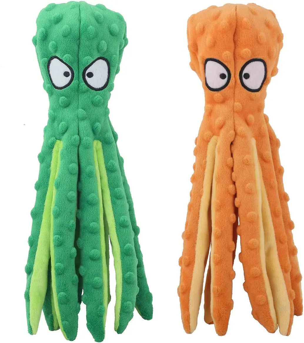 A pair of green and orange squeaky octopus plush dog toys with crinkle legs.