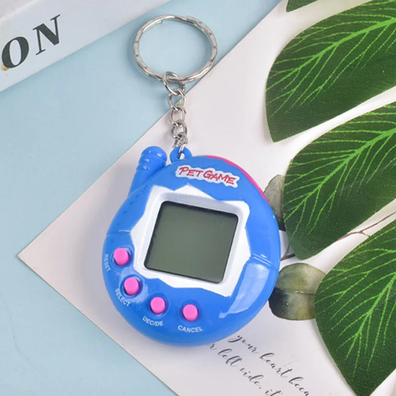 A blue digital pet toy with a keyring attached, featuring a display screen and several buttons.