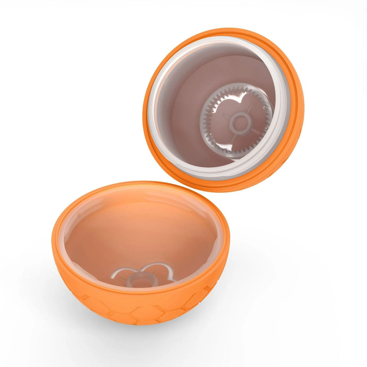 Orangelle, interaktive elektronische Spielball für Hunde und Katzen, top-down dargestellt.