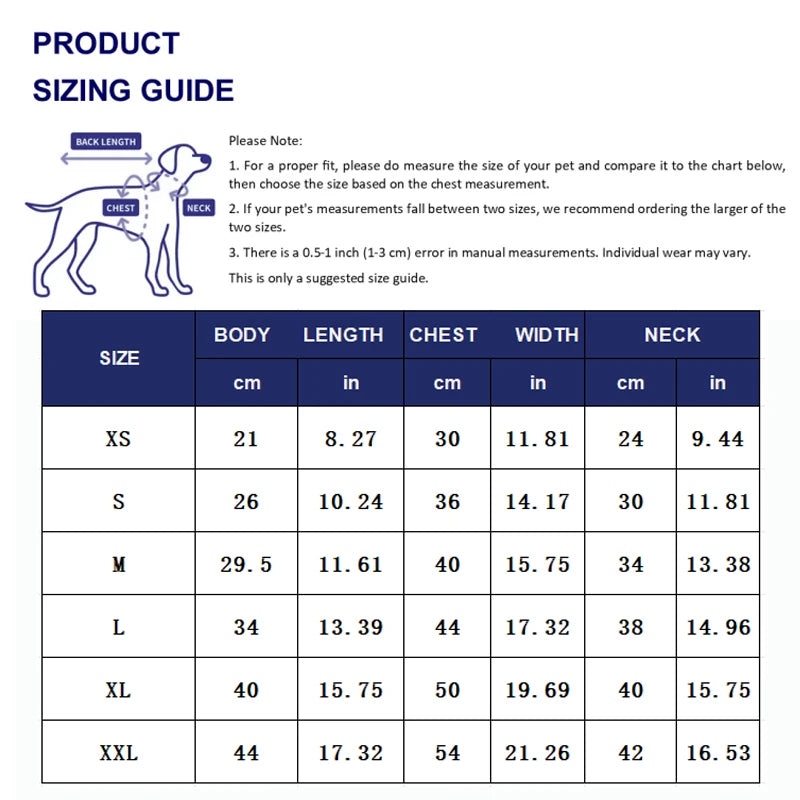 A sizing guide chart showing measurements in centimeters and inches for various sizes of a pet dress.