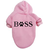 A pink cozy fleece hoodie for a small or medium dog with the word BOSS printed on the chest.