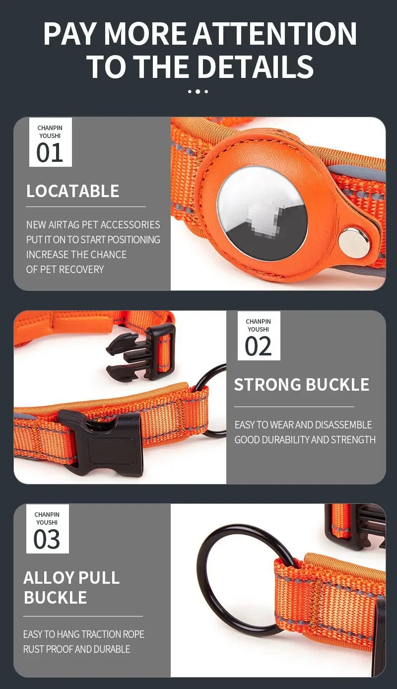 Orange reflective AirTag dog collar showing its locatable features, strong buckle, and alloy pull buckle.