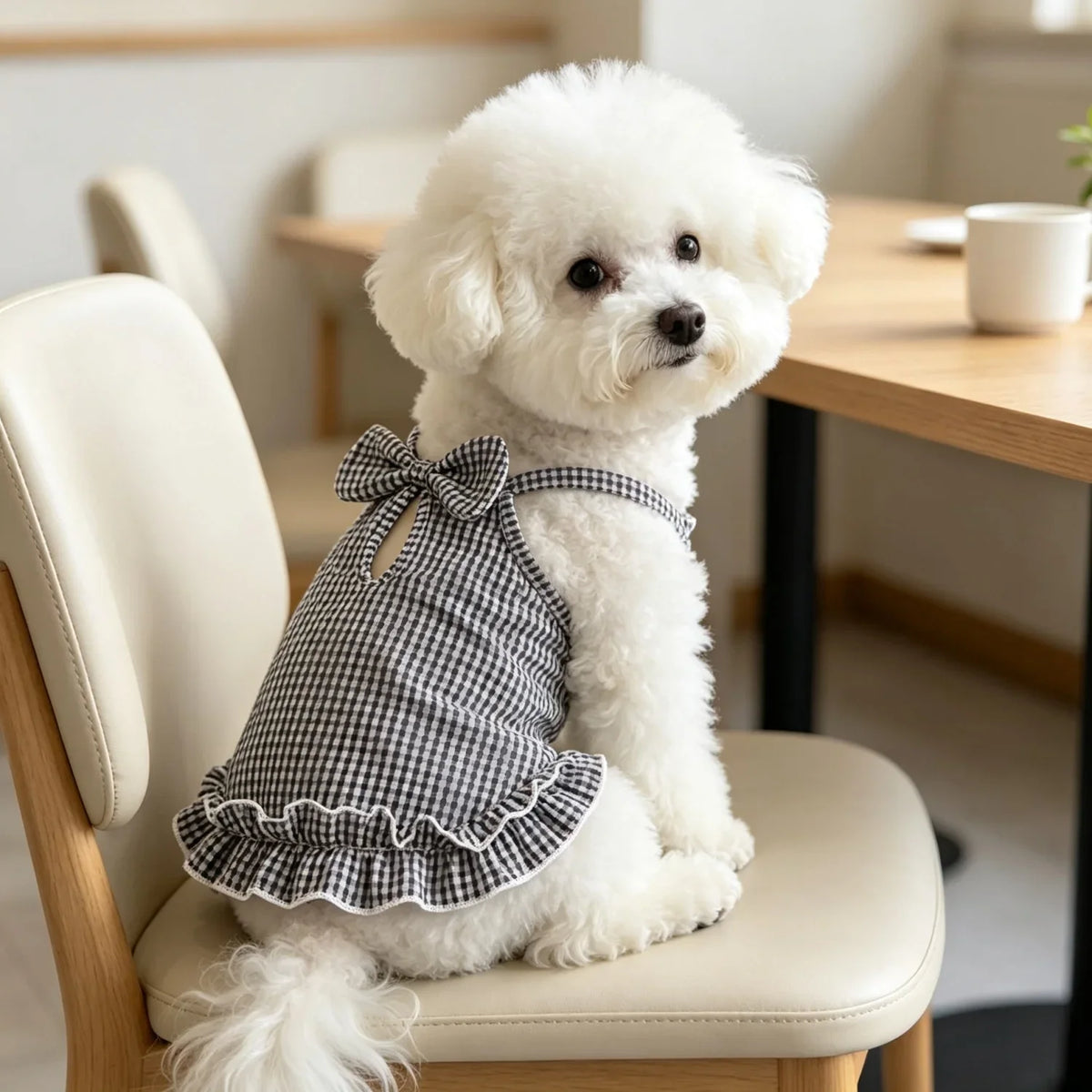 A fluffy white dog wearing a black and white checkered ruffled tank top sits on a light-colored chair.