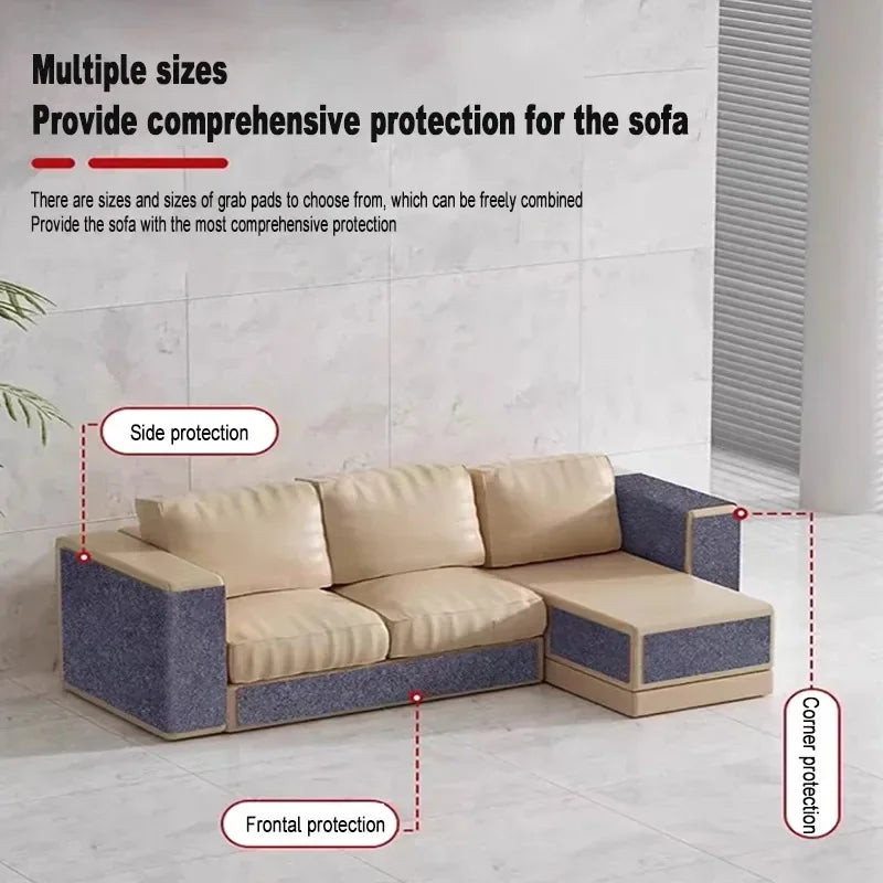 A sofa protector pad with side, frontal, and corner protection is shown on a beige sofa.