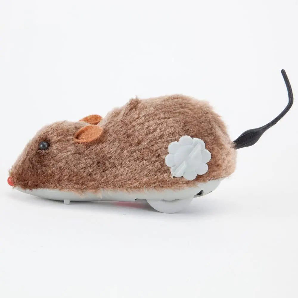 Ratón de peluche a cuerda marrón con orejas grandes y pata blanca visible.