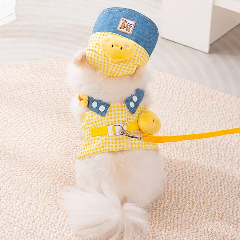 Denim Dog Harness and Leash Set with Matching Hat
