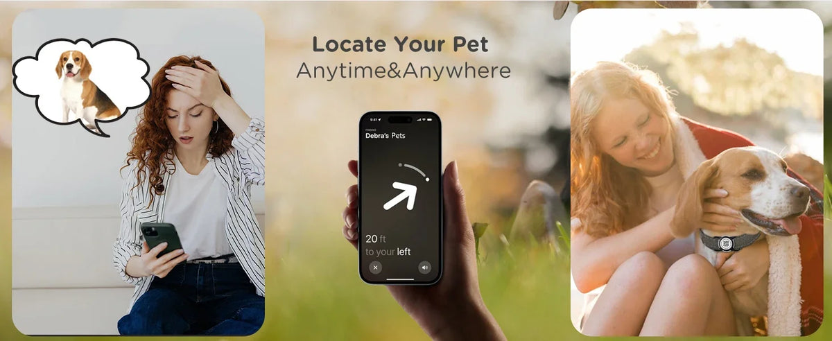 A hand holds a smartphone displaying a location feature for a pet, with a woman and dog visible in the background.