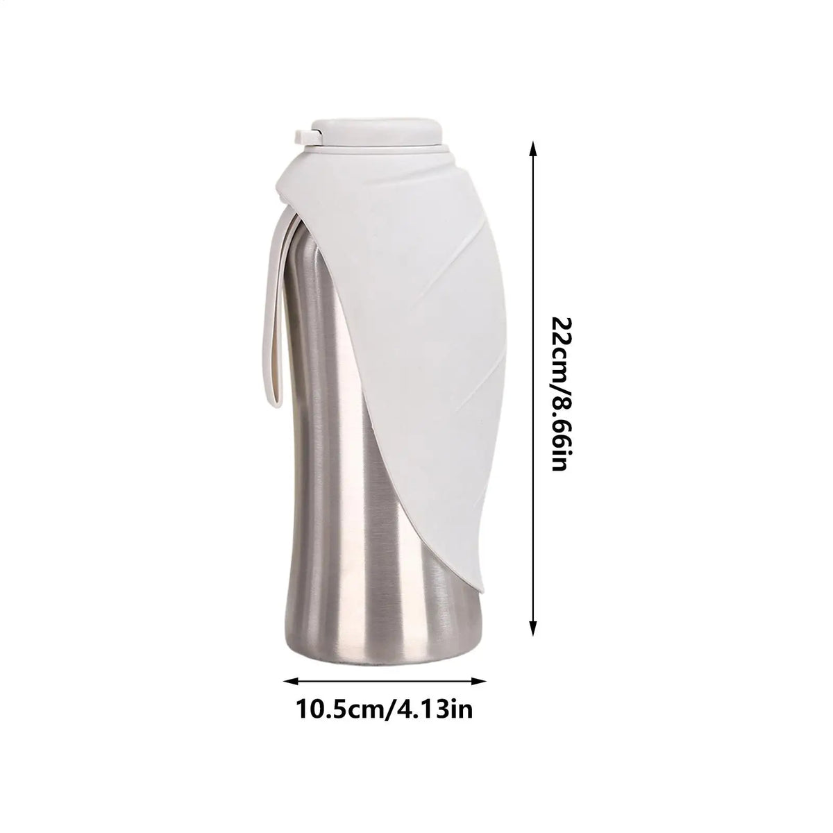 A silver portable leak-proof dog water bottle with a white protective cover and built-in bowl.