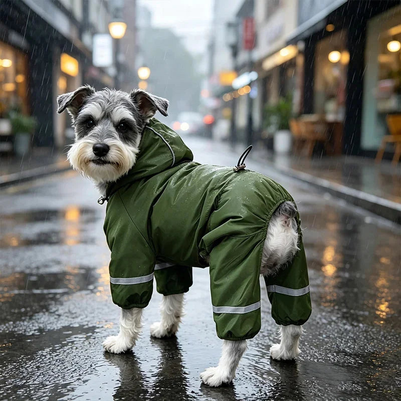 A small dog wearing a green insulated hooded raincoat with reflective strips walks on a wet city street.