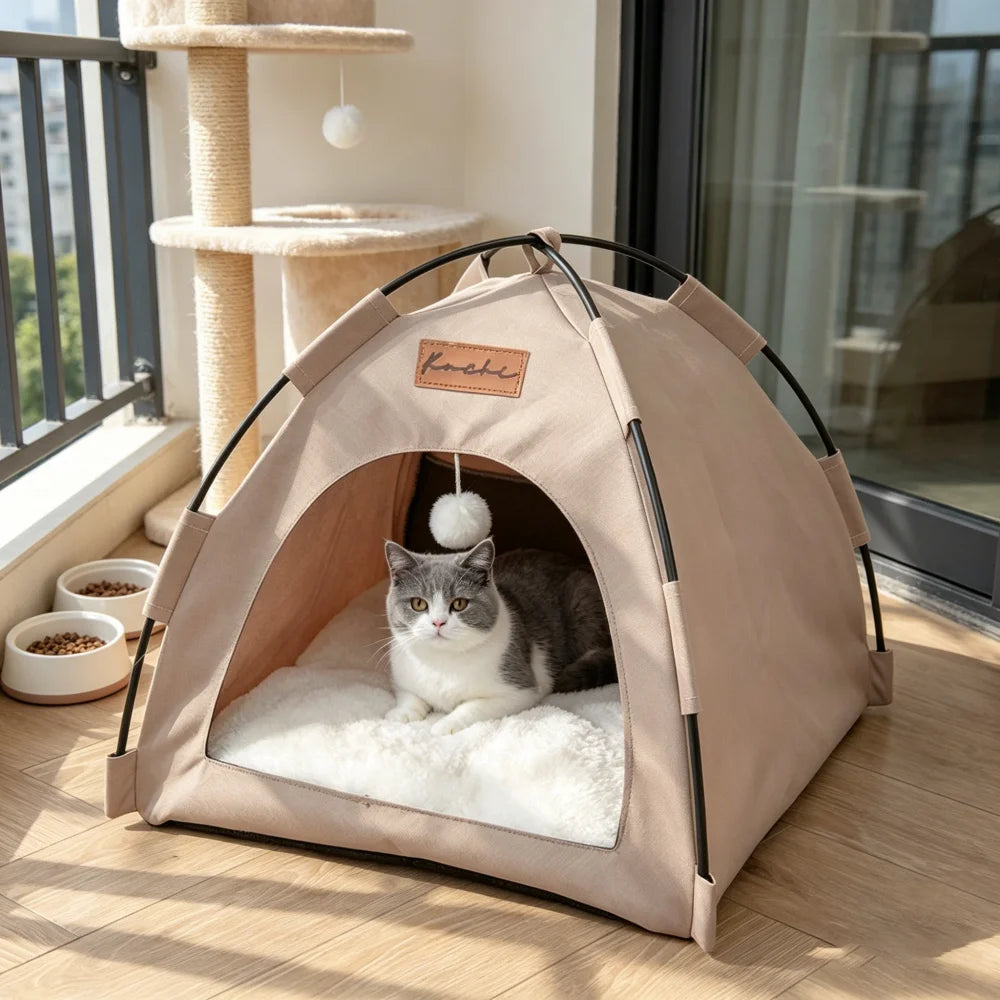 Foldable Semi-Enclosed Pet Tent Bed for Small Dogs and Cats