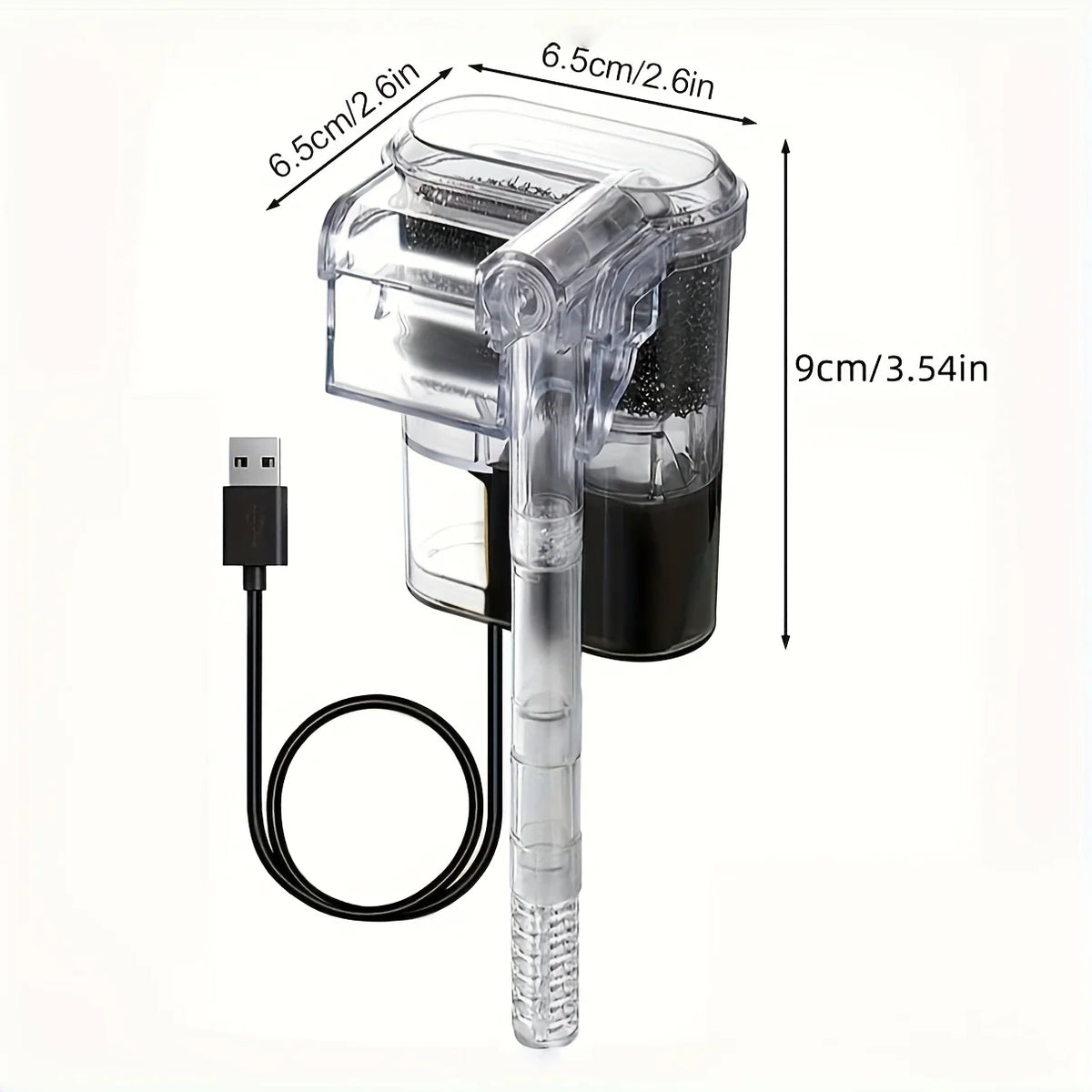 A clear, USB-powered mini aquarium filter with a black power cord and a cylindrical filter body.
