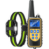 A black remote control dog training collar with a yellow display and a green patterned strap.