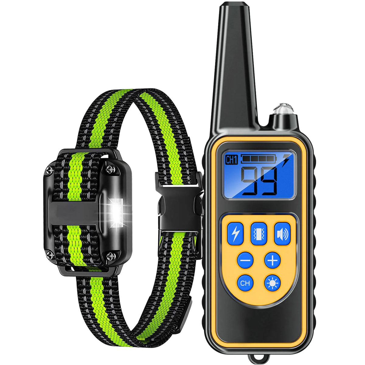 A black remote control dog training collar with a yellow display and a green patterned strap.