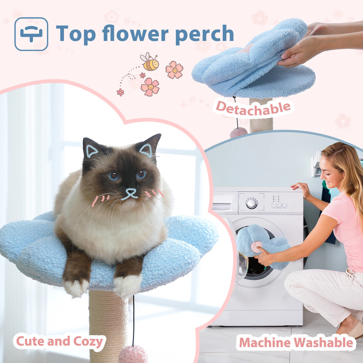 A fluffy cat is sitting on a blue fabric flower perch, demonstrating the cute and cozy features of the decorative cat tree.