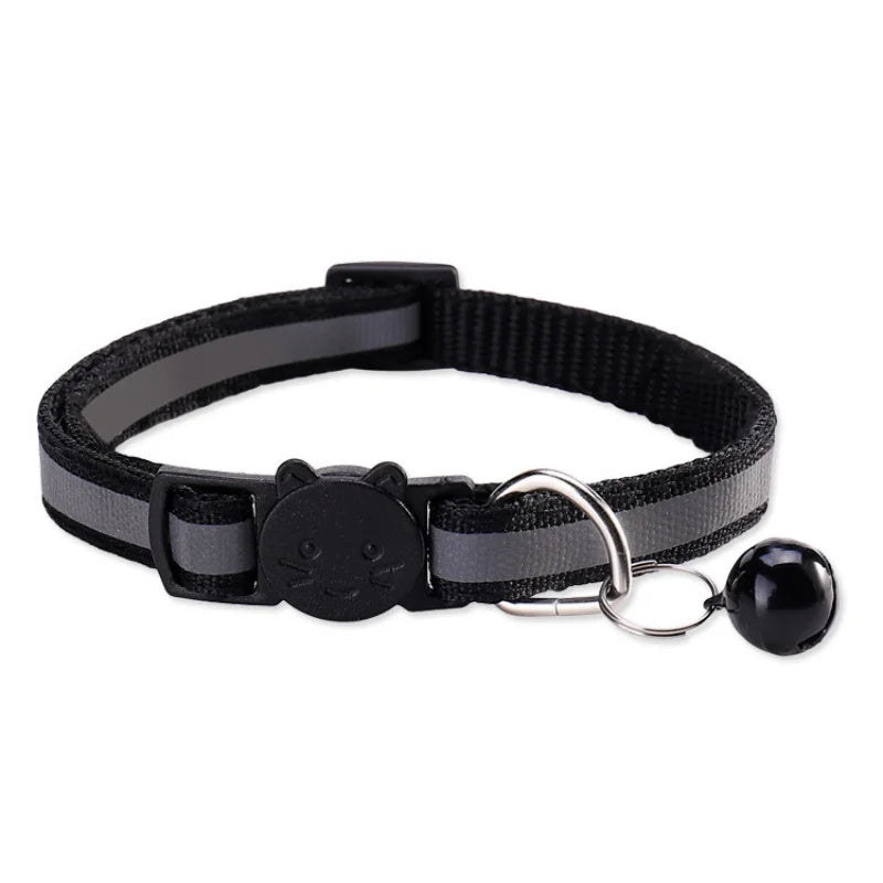 Black reflective nylon pet collar with a bell attached for small dogs and cats