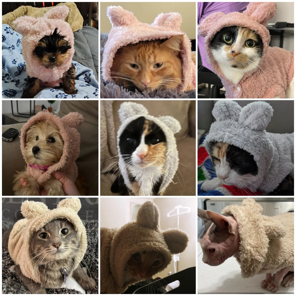 Collage d'animaux de compagnie portant des manteaux à capuche en peluche de rose, beige et gris.