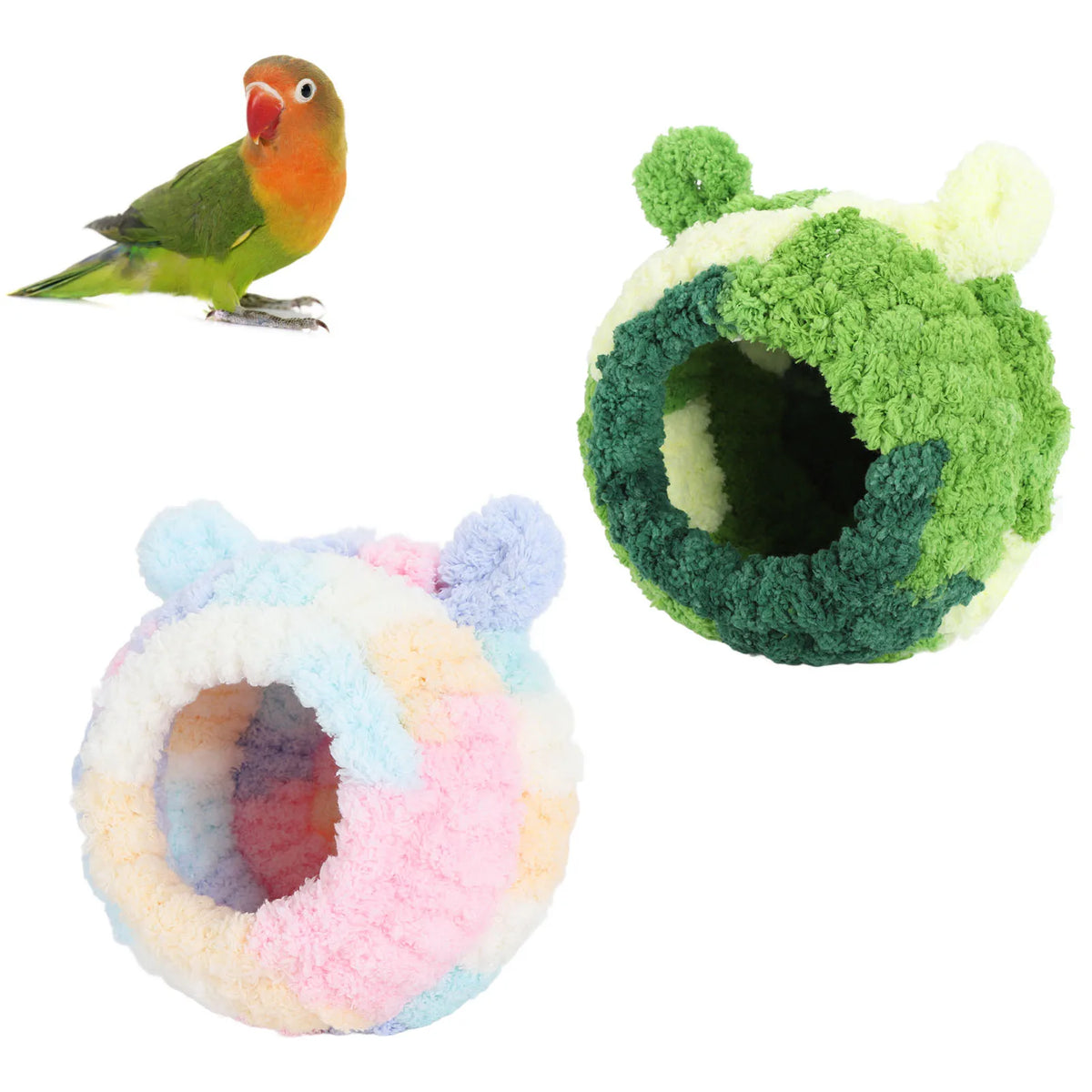A colorful bird nest bed featuring a small bird figurine and two round, fuzzy nests.