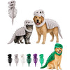 A collection of dinosaur skeleton pet costumes for dogs and cats, including a dog in a brown costume and a cat in a gray cost