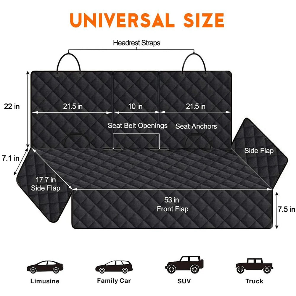 Siège voiture pour chien universel avec différentes ouvertures de flap et d'ancrage pour divers véhicules.