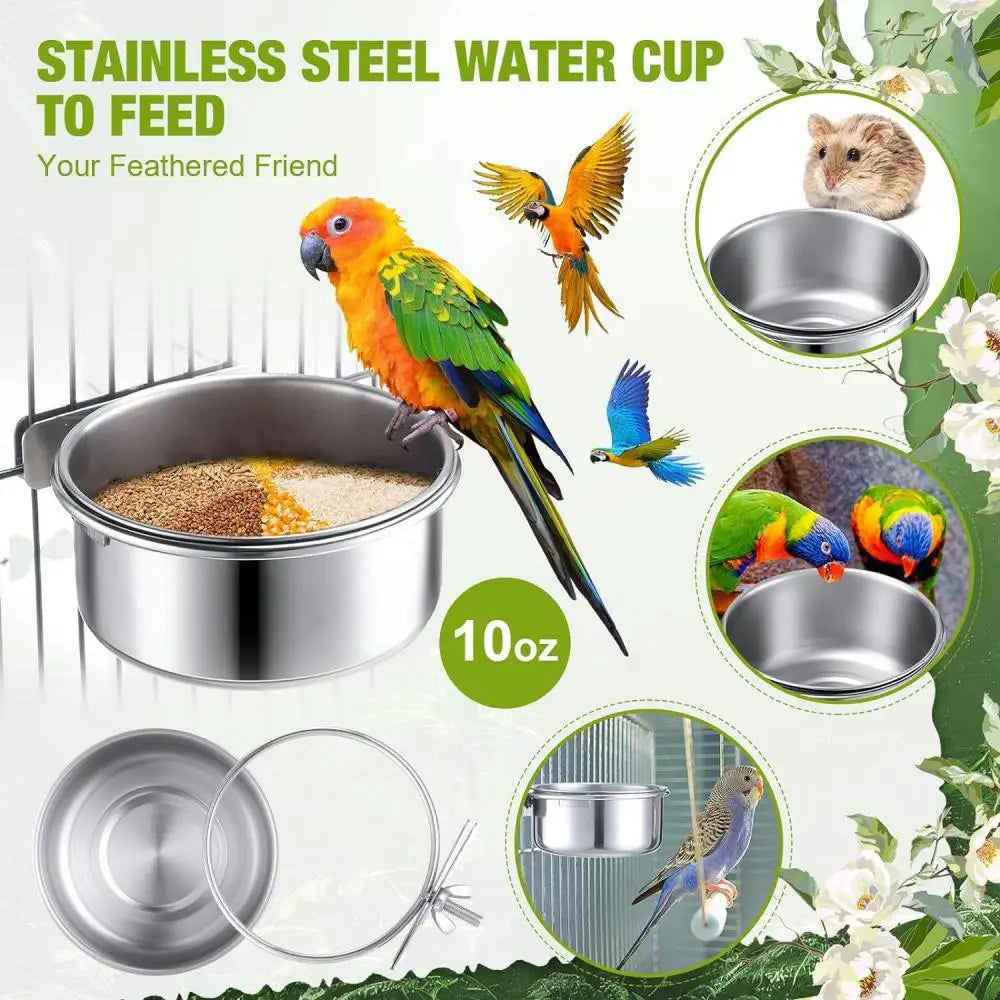 Stainless steel water cup to feed your feathered friend with various bird species bowls and accessories