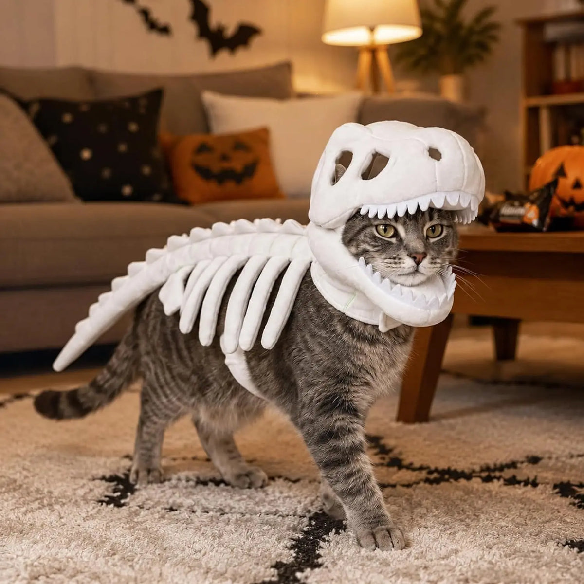 A gray cat wearing a white dinosaur skeleton pet costume walking on a rug.