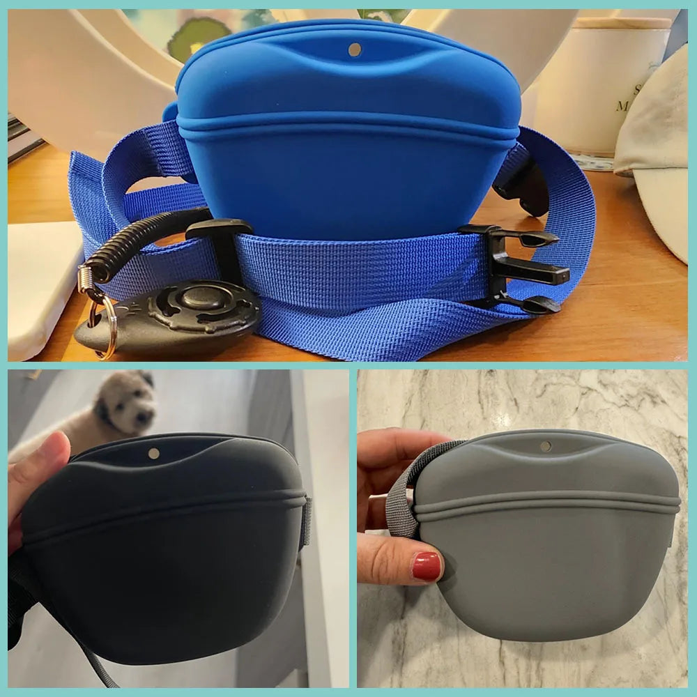 A blue silicone dog treat pouch is shown with a matching strap and belt clip on a wooden surface.