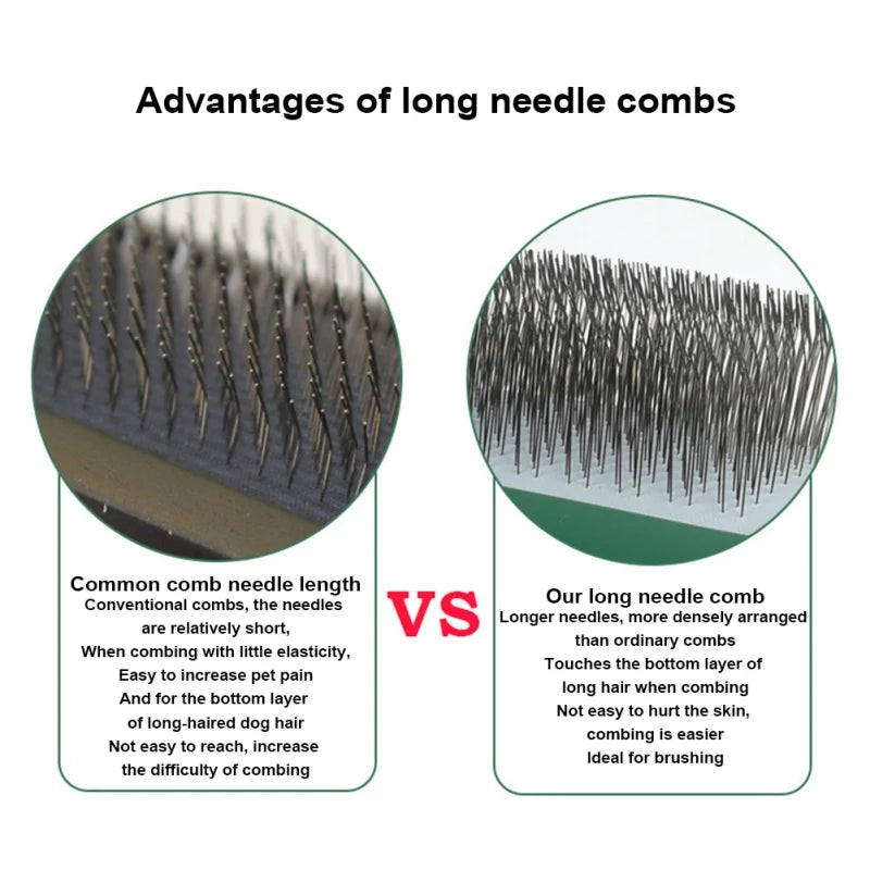 Comparison showing the advantages of long needle combs versus conventional combs for grooming.