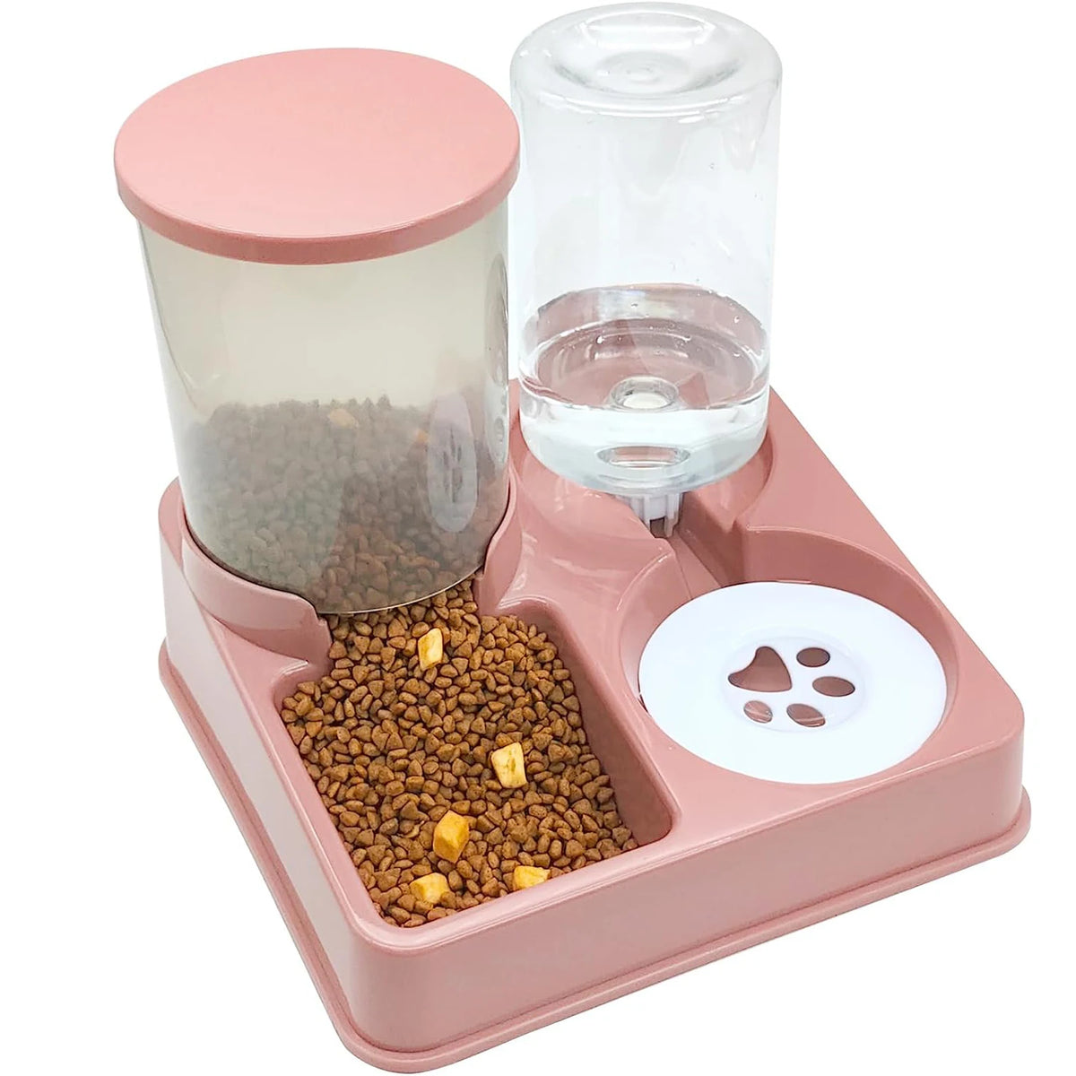 Récipient automatique 2-en-1 rose pour animaux, distributeur de nourriture et d'eau.