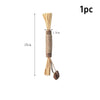 A natural fiber catnip chew stick with a squeaker for dental health, shown vertically.