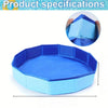 A bright blue foldable pet swimming pool for dogs and cats shown in various views.