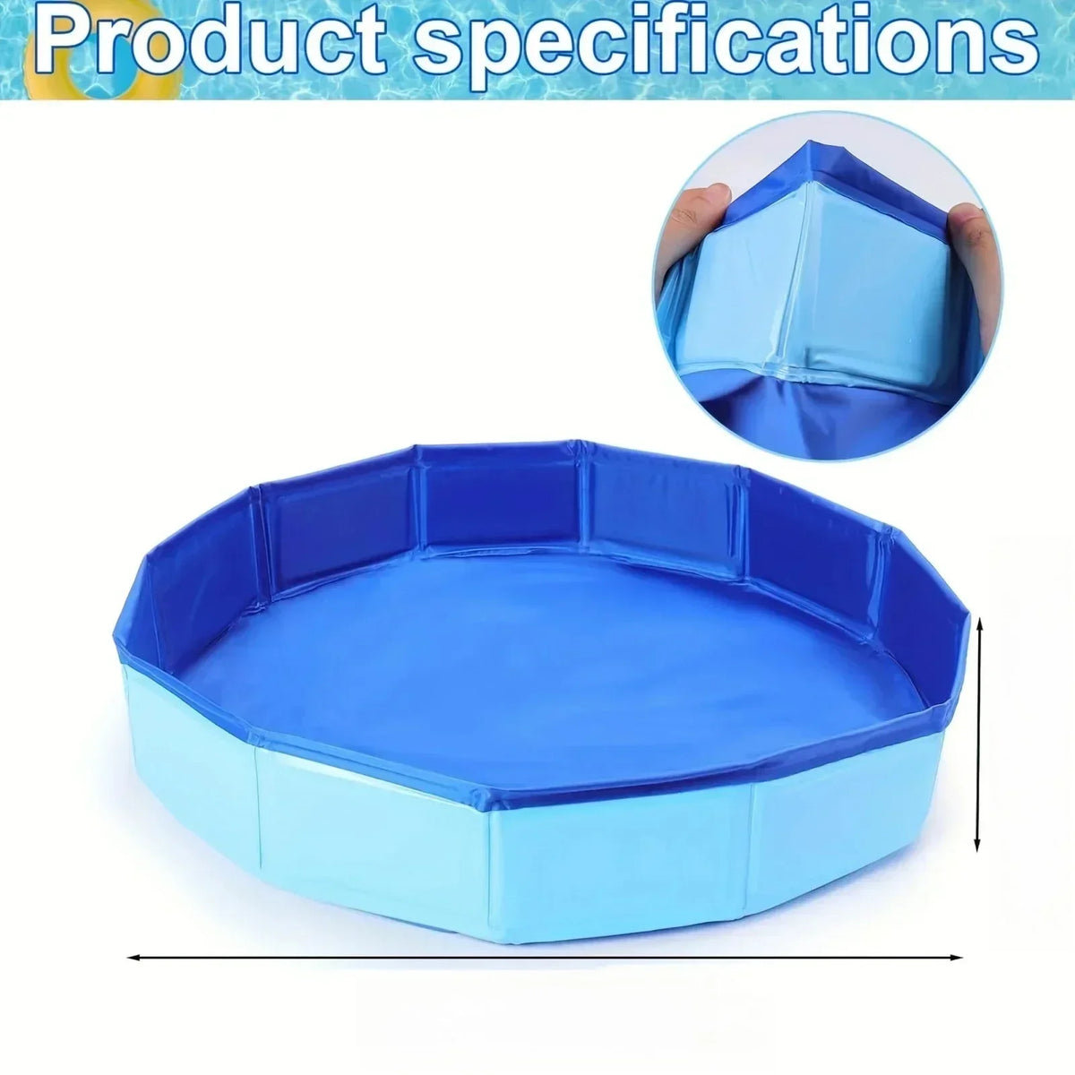 A bright blue foldable pet swimming pool for dogs and cats shown in various views.