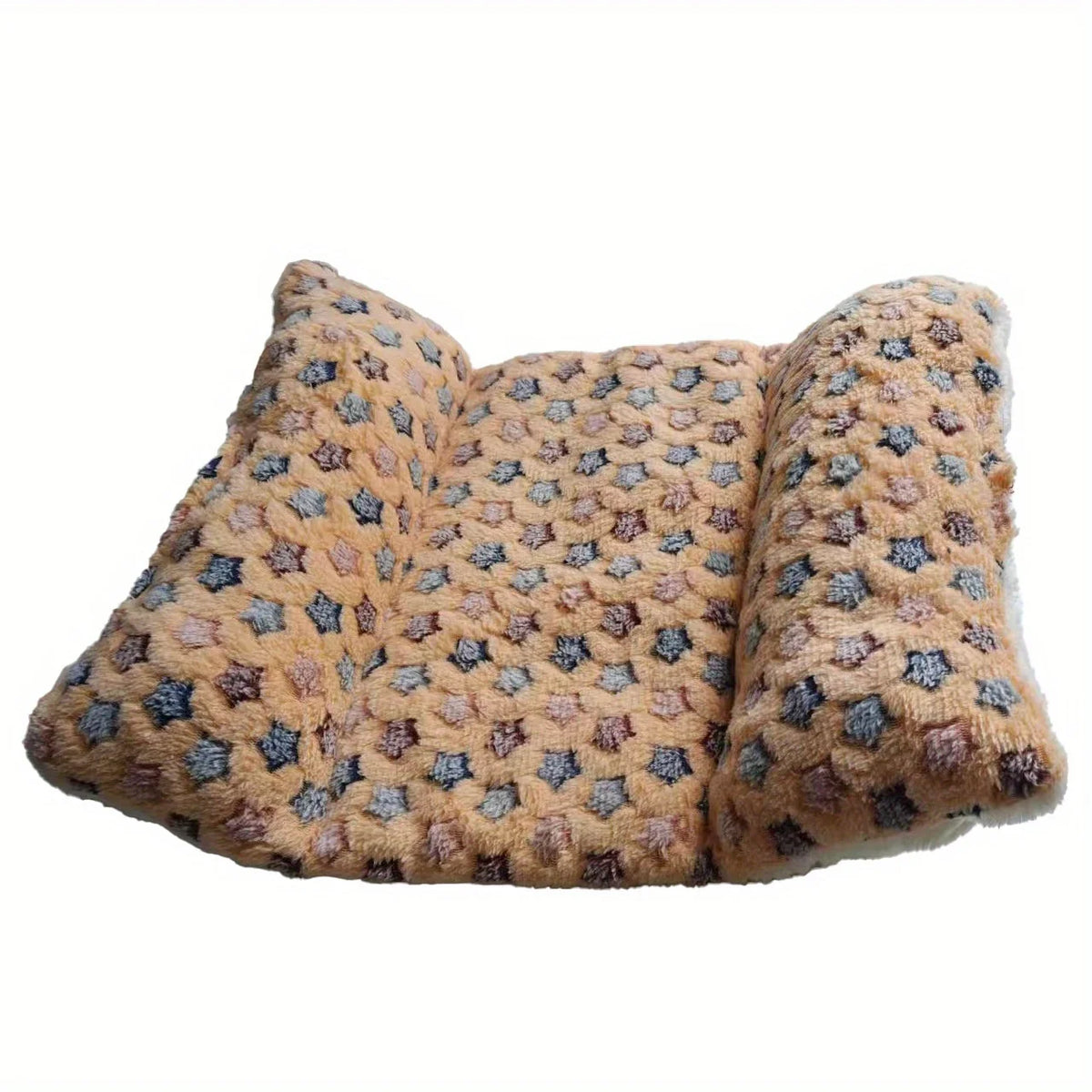 A plush rabbit bed featuring a star pattern and a recliner pillow in a warm tan color.