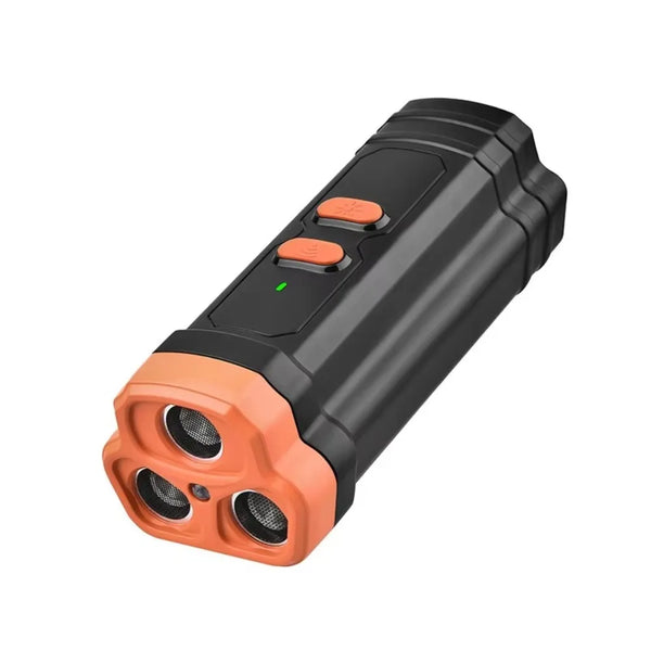 A black and orange handheld ultrasonic dog bark deterrent device with an LED light.