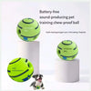 Pelota para entrenamiento de mascotas que produce sonido, resistente a masticar, de color verde lima, junto a un perro.