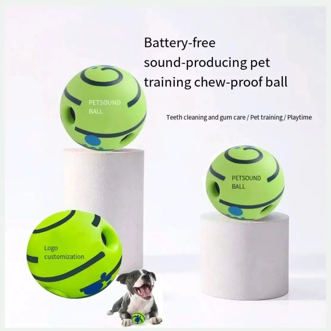 Pelota para entrenamiento de mascotas que produce sonido, resistente a masticar, de color verde lima, junto a un perro.