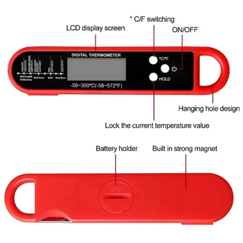 A red digital thermometer with an LCD display and features for switching, holding temperature, and a hanging hole design.