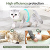 A cat is wearing a light green protective suit designed for high efficiency protection and internal and external isolation.