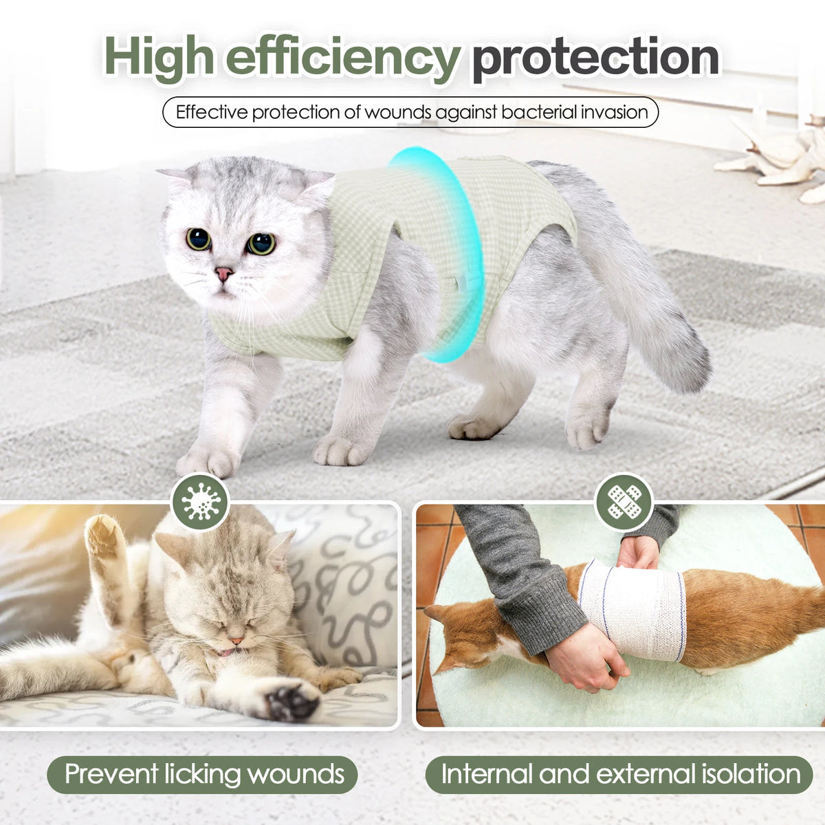 A cat is wearing a light green protective suit designed for high efficiency protection and internal and external isolation.