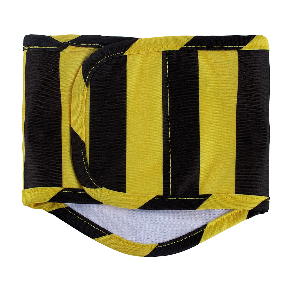 Yellow and black striped reusable male dog sanitary pants with an adjustable fit.