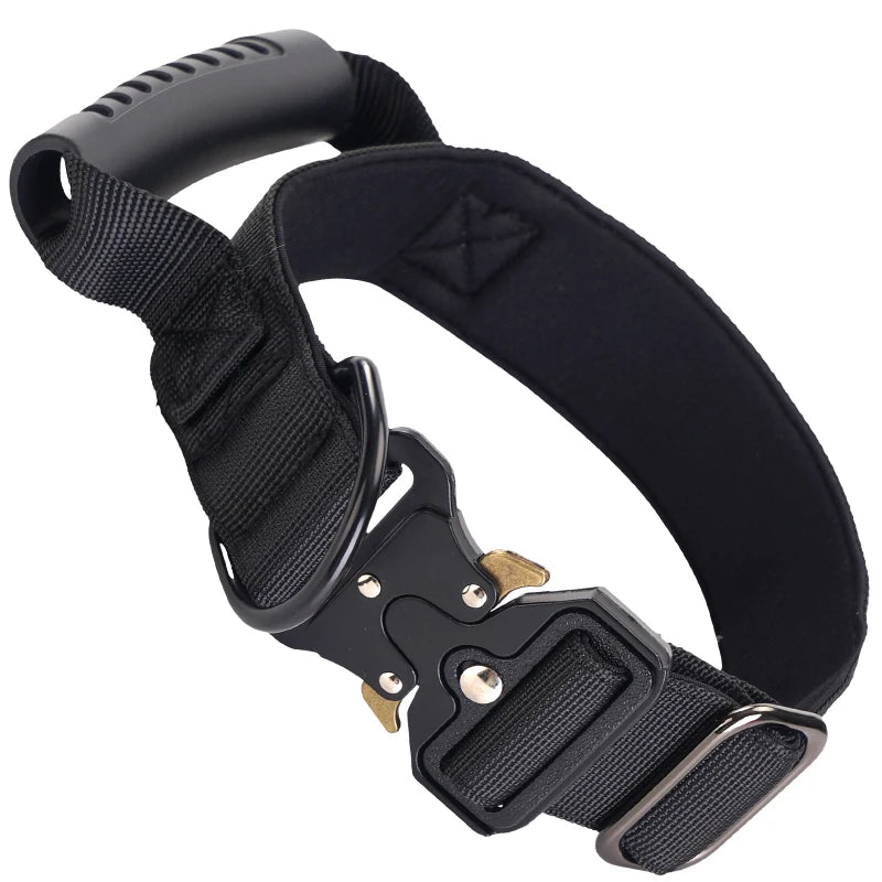 Black tactical dog collar with a nylon strap and buckle, shown from the side.