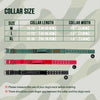 Diagram showing collar sizes and lengths for M, L, and XL dog collars with corresponding width measurements.