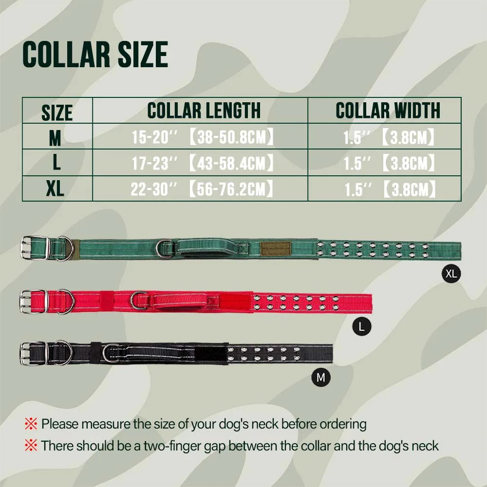 Diagram showing collar sizes and lengths for M, L, and XL dog collars with corresponding width measurements.