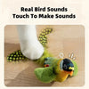 A small green bird toy is shown next to a white object, demonstrating real bird sounds.