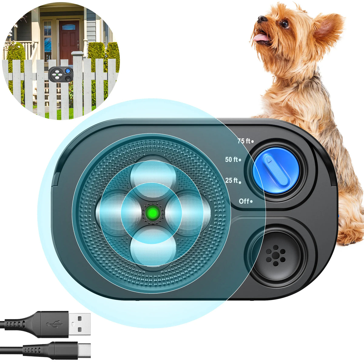 Gros plan d'un dispositif de dissuasion ultrasonique pour chiens et d'accessoires connexes.