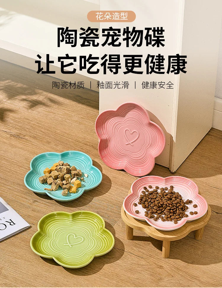 Ceramic Pet Bowl with Wood Stand – Elegant Bow Knot Design