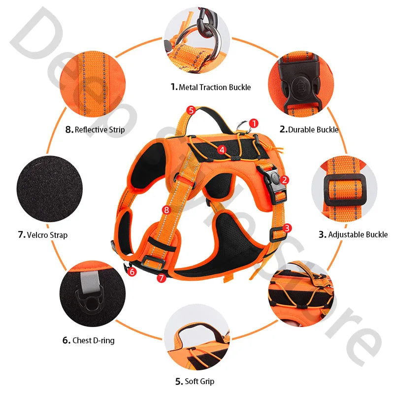 Diagram showing the components of an adjustable no-pull tactical dog harness in orange and black.