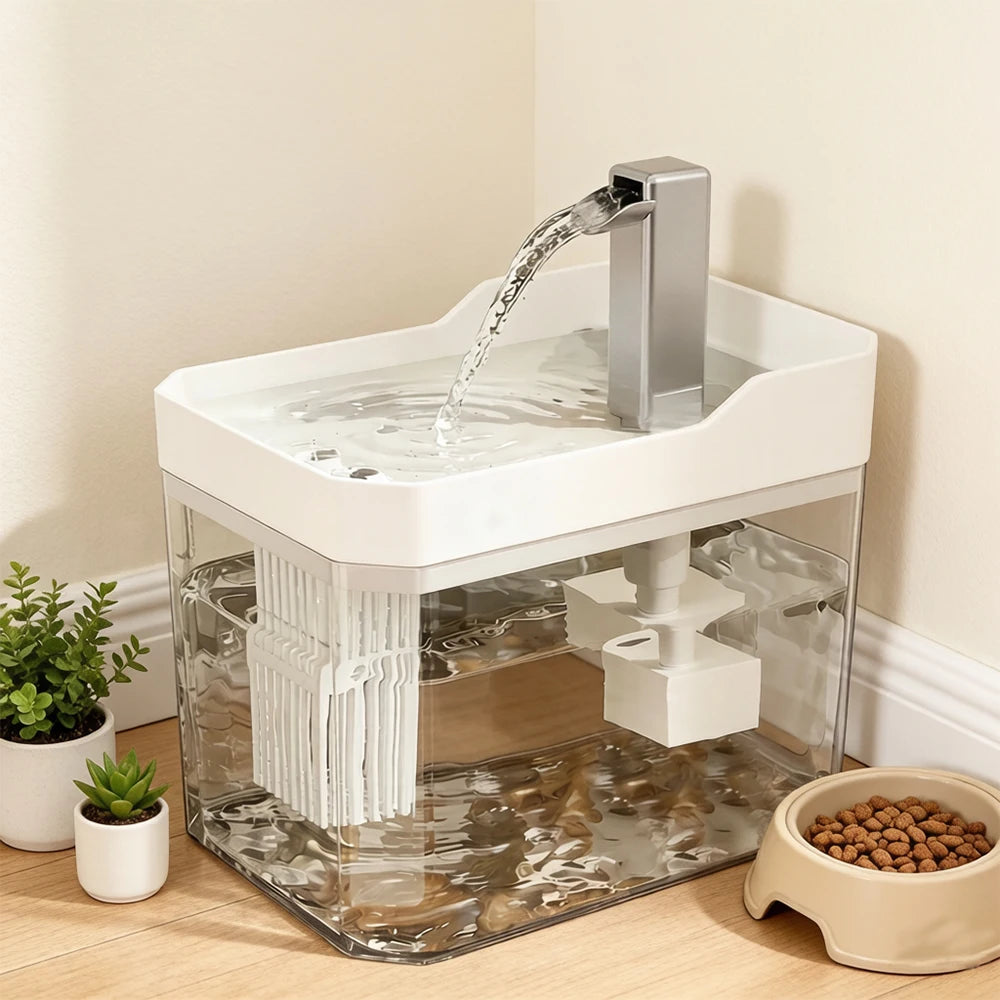 A clear cat water fountain with a stainless steel spout and recirculating pump sits on a wooden surface.