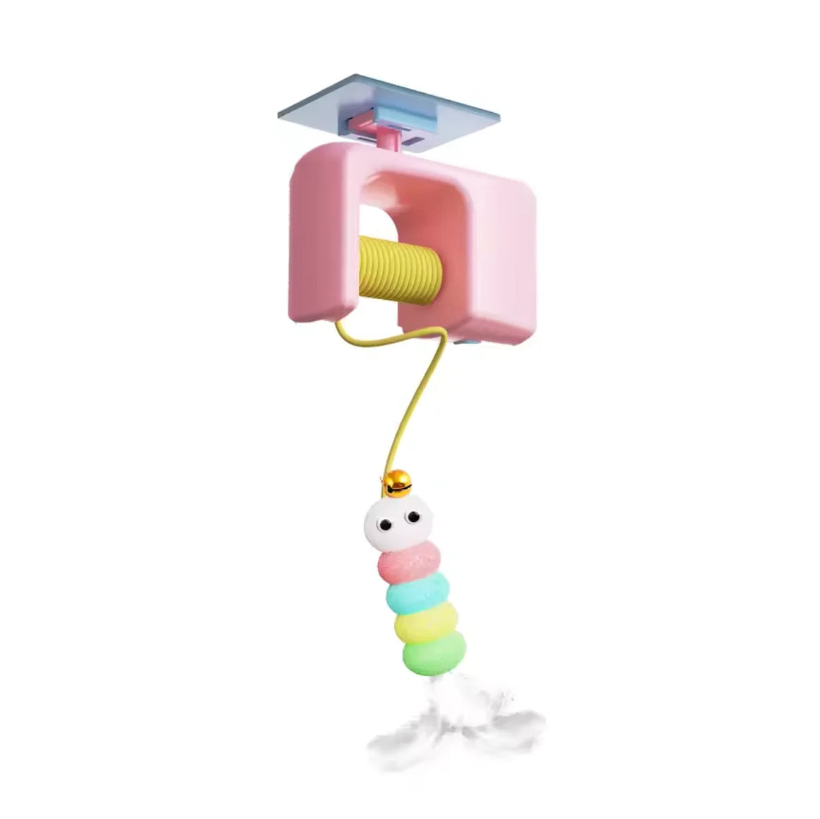 A pink automatic electric hanging cat toy with a yellow cord and colorful dangling balls.