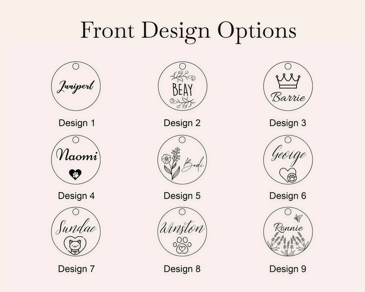 Nine design options for a personalized stainless steel pet ID tag featuring various names and floral elements
