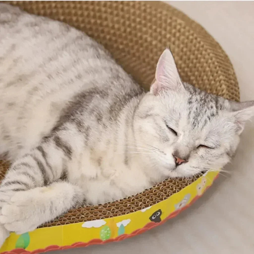 A white and gray cat is sleeping inside a woven natural fiber scratching post designed for furniture protection.